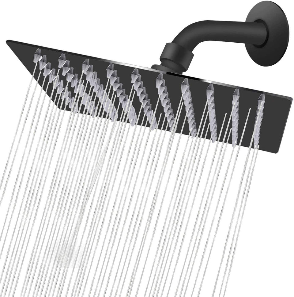 NearMoon 8-inch square matte black rain shower head delivers broad coverage for a luxurious shower.