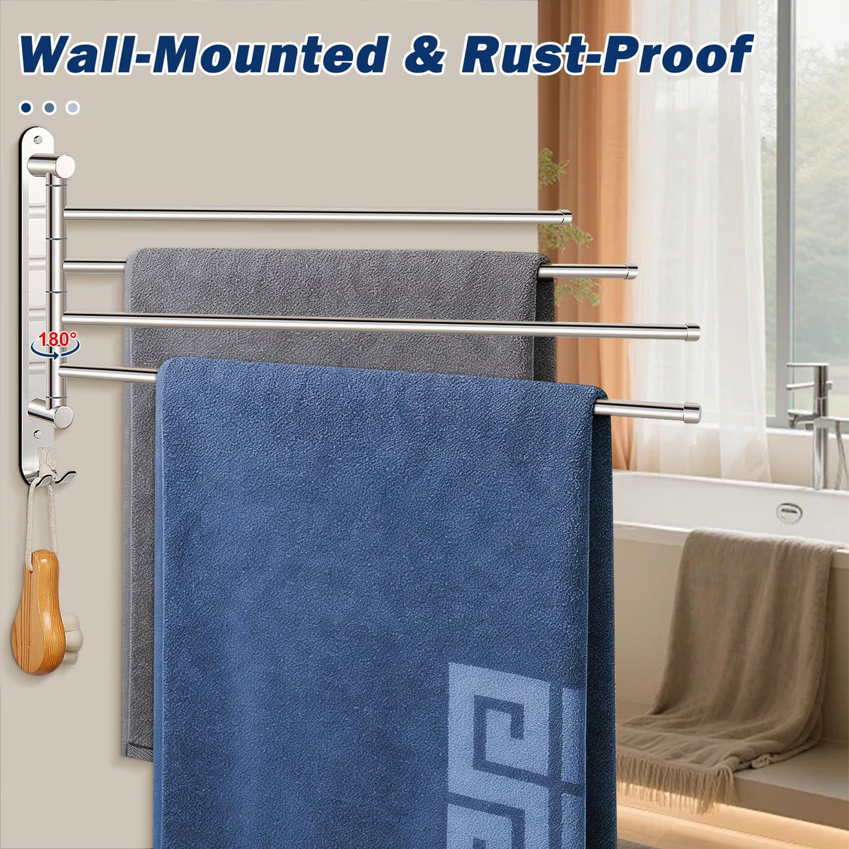 NearMoon rustproof swing-out towel hanger maximizes airflow for quick drying.