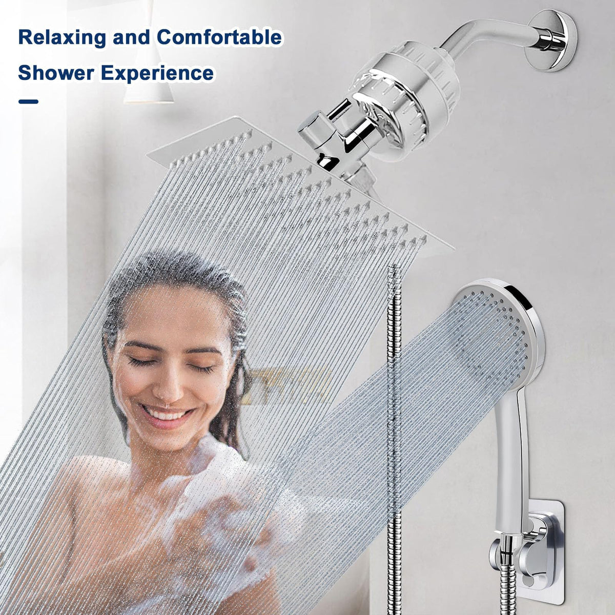 NearMoon self-adhesive holder keeps the shower head within reach.
