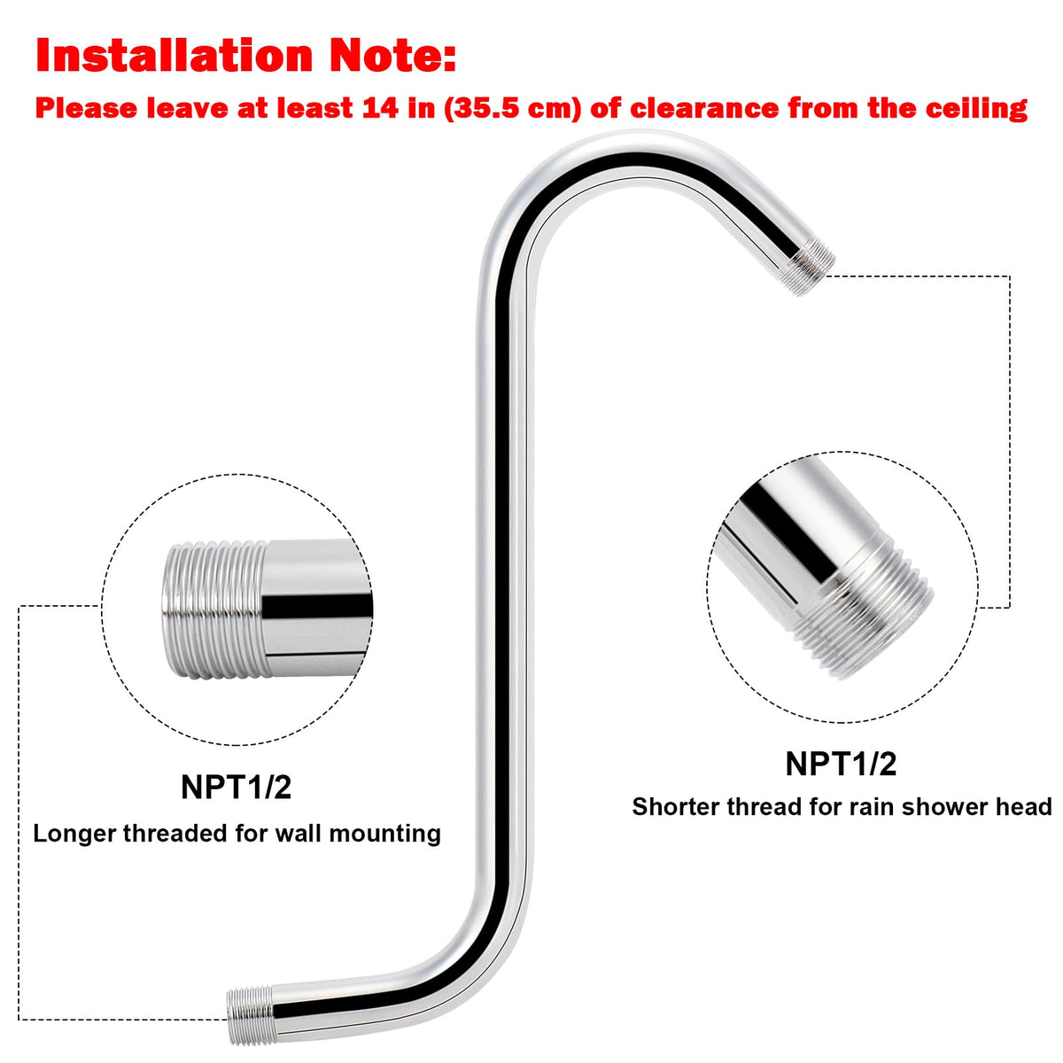 NearMoon chrome shower arm installation is quick and tool-free.