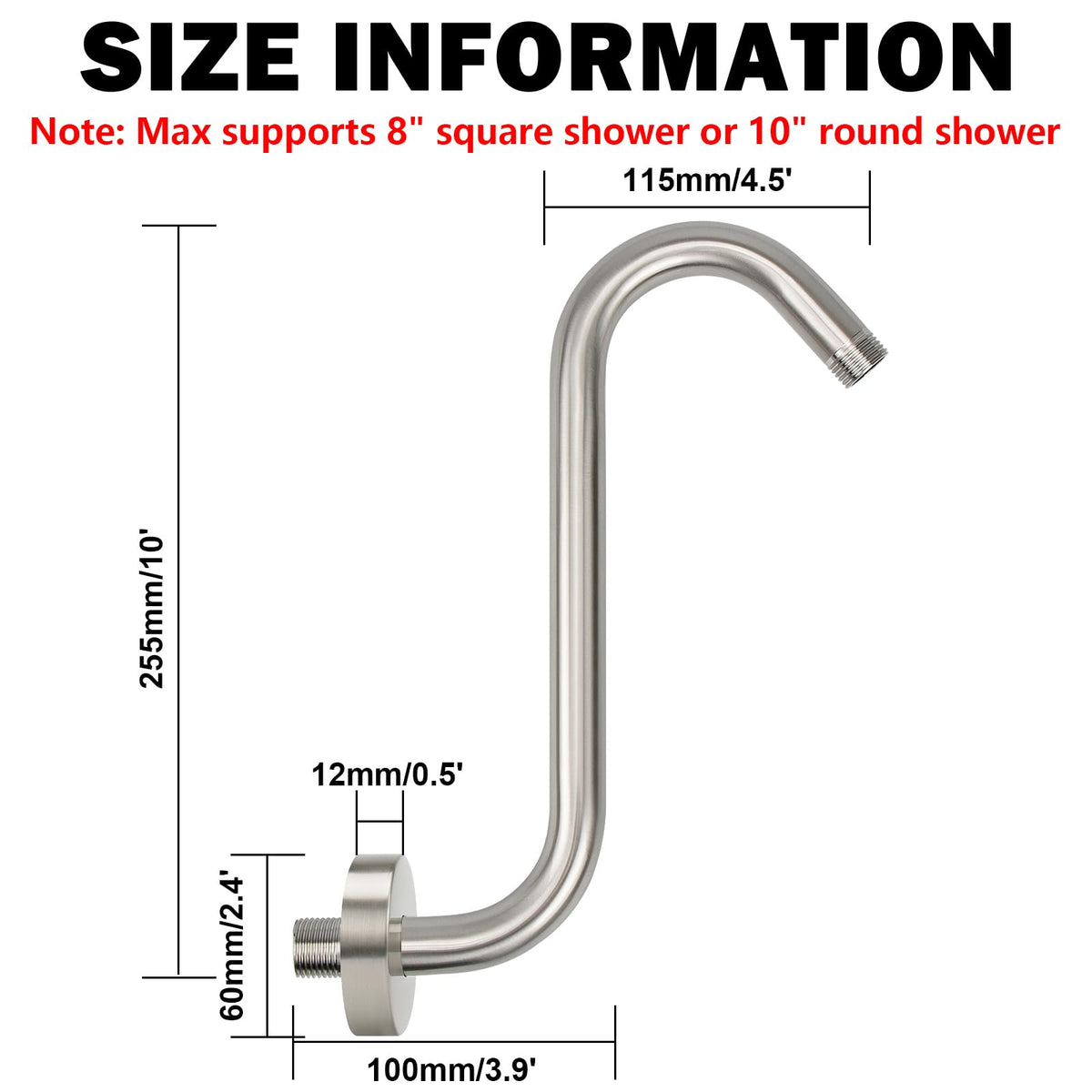 NearMoon brushed nickel arm with flange fitting standard 1/2-inch connections