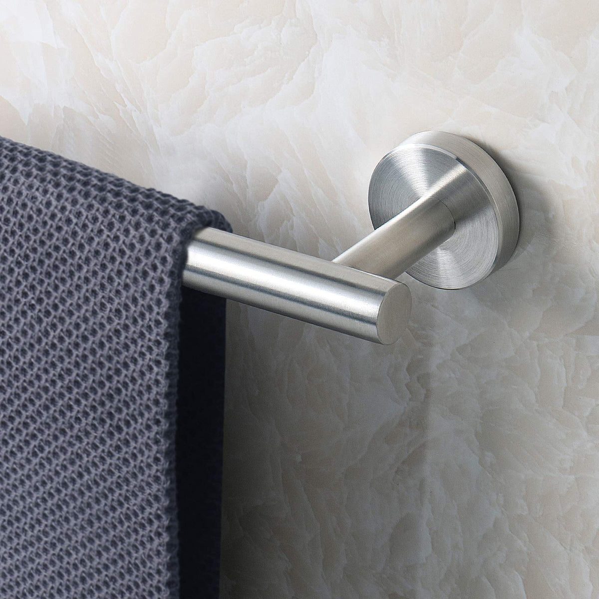 Sleek brushed nickel finish complements modern bathroom decor.