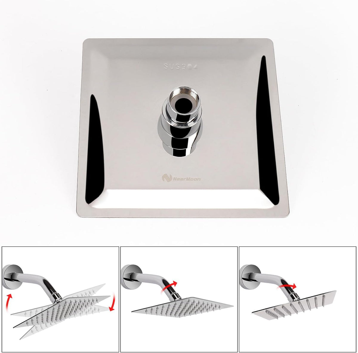 NearMoon stainless steel shower head closeup shows durable chrome finish and rust protection.