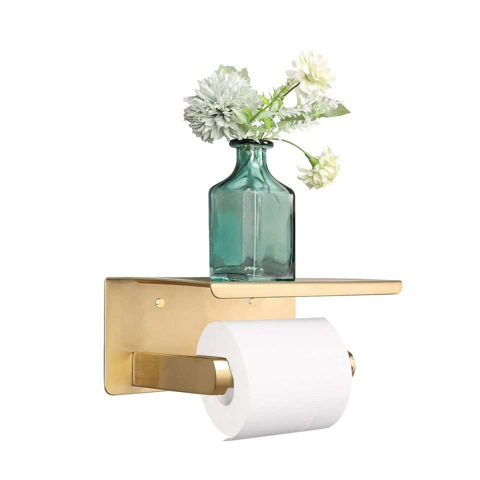 NearMoon toilet paper holder with shelf in brushed gold showing a premium finish and compact storage.