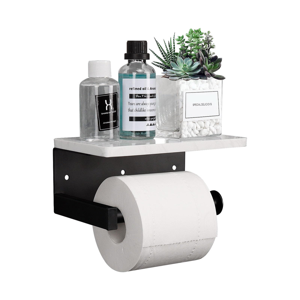 NearMoon toilet paper holder with marble shelf in matte black for bathrooms.