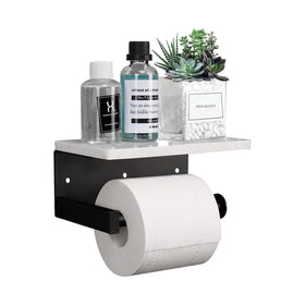 NearMoon toilet paper holder with marble shelf in matte black for bathrooms.