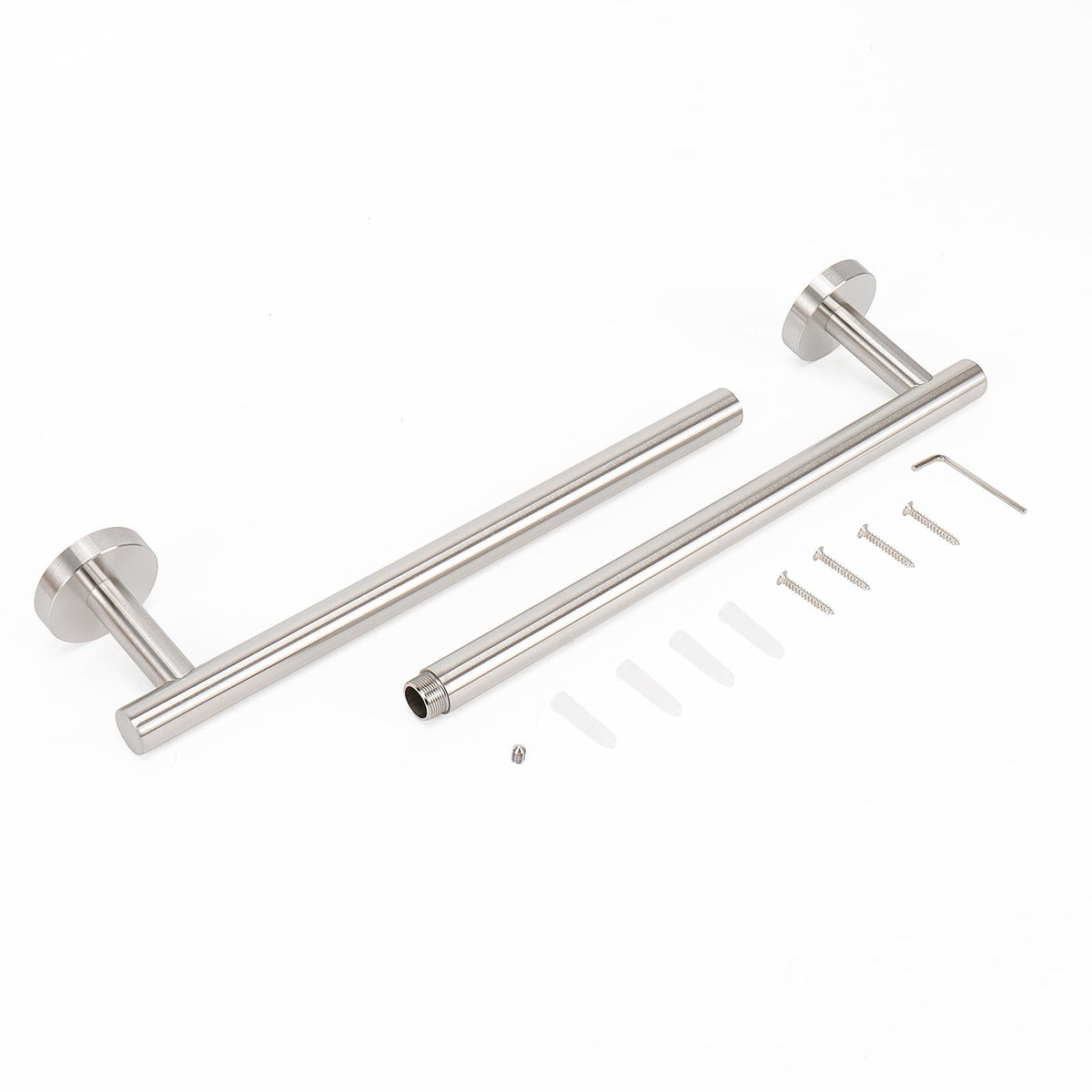 Towel bar beside cabinet or door for convenient drying.