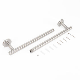 Towel bar beside cabinet or door for convenient drying.