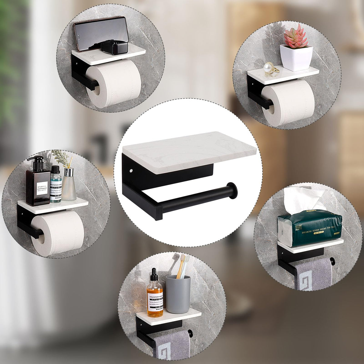 NearMoon wall-mount bathroom organizer in metal with marble shelf.