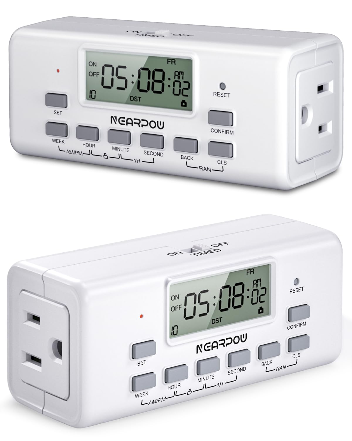 NEARPOW digital timer with dual outlets enables two-device automation.