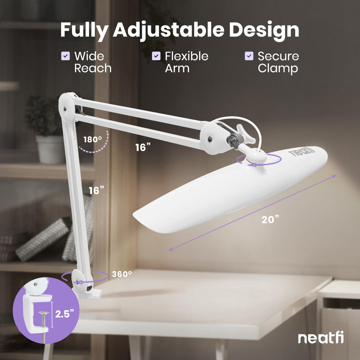 Neatfi XL organized workspace with versatile lighting setup.