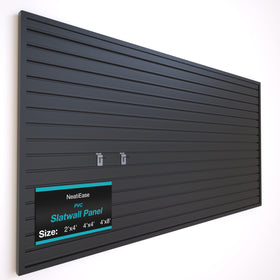 NeatiEase slatwall 4x8 panel black closeup; durable PVC for garage storage.