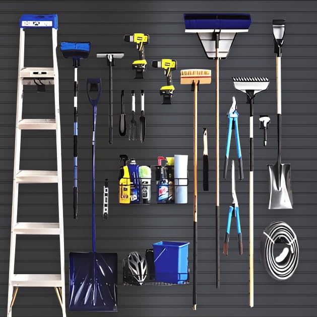 NeatiEase black slatwall finish highlights a modern workshop look.