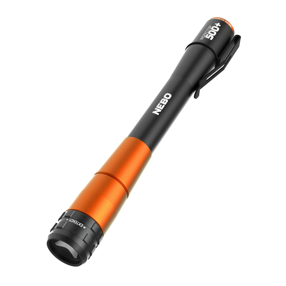 NEBO Inspector 500+ front view with bright beam for detailed inspections.