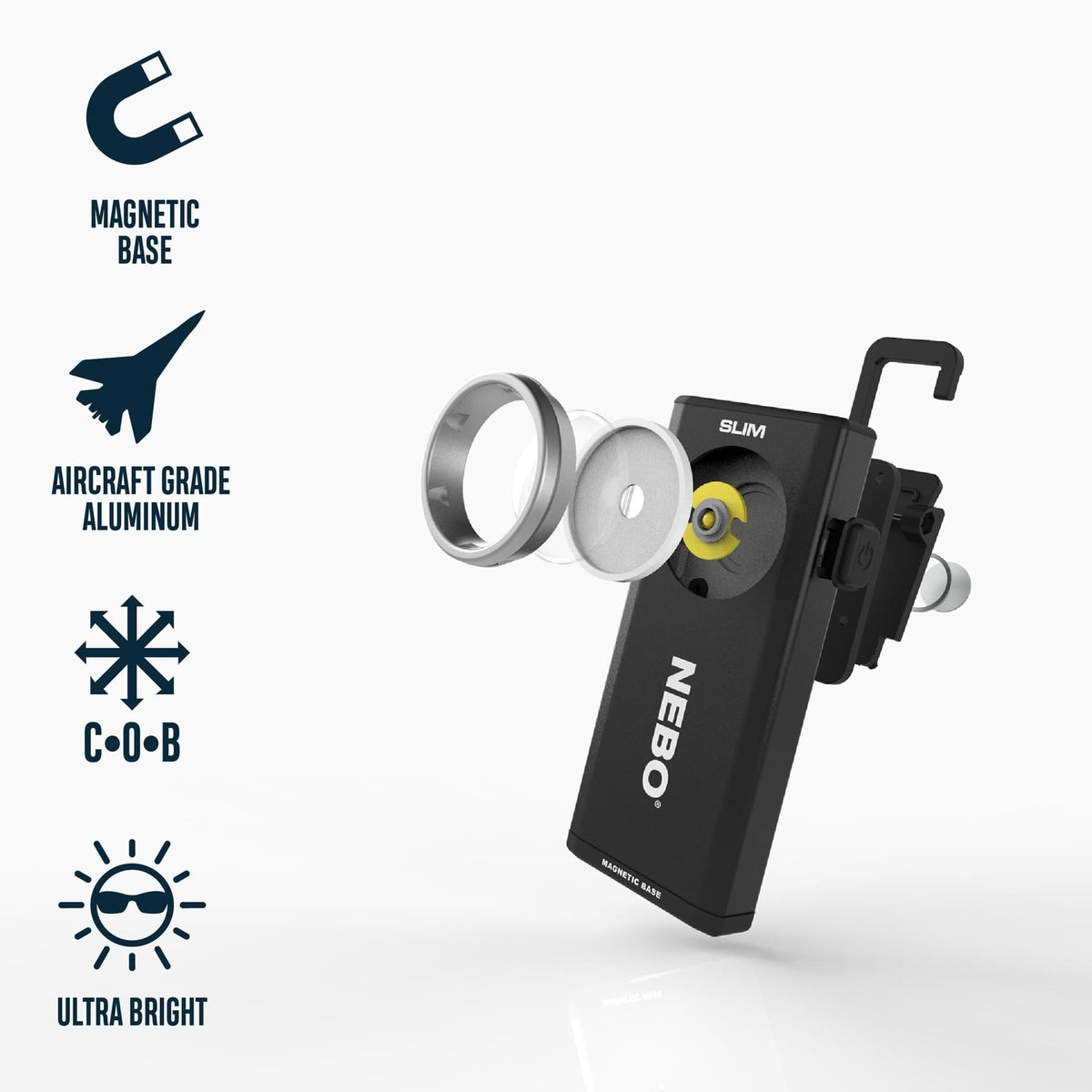 NEBO SLIM magnetic base allows hands-free mounting on metal surfaces