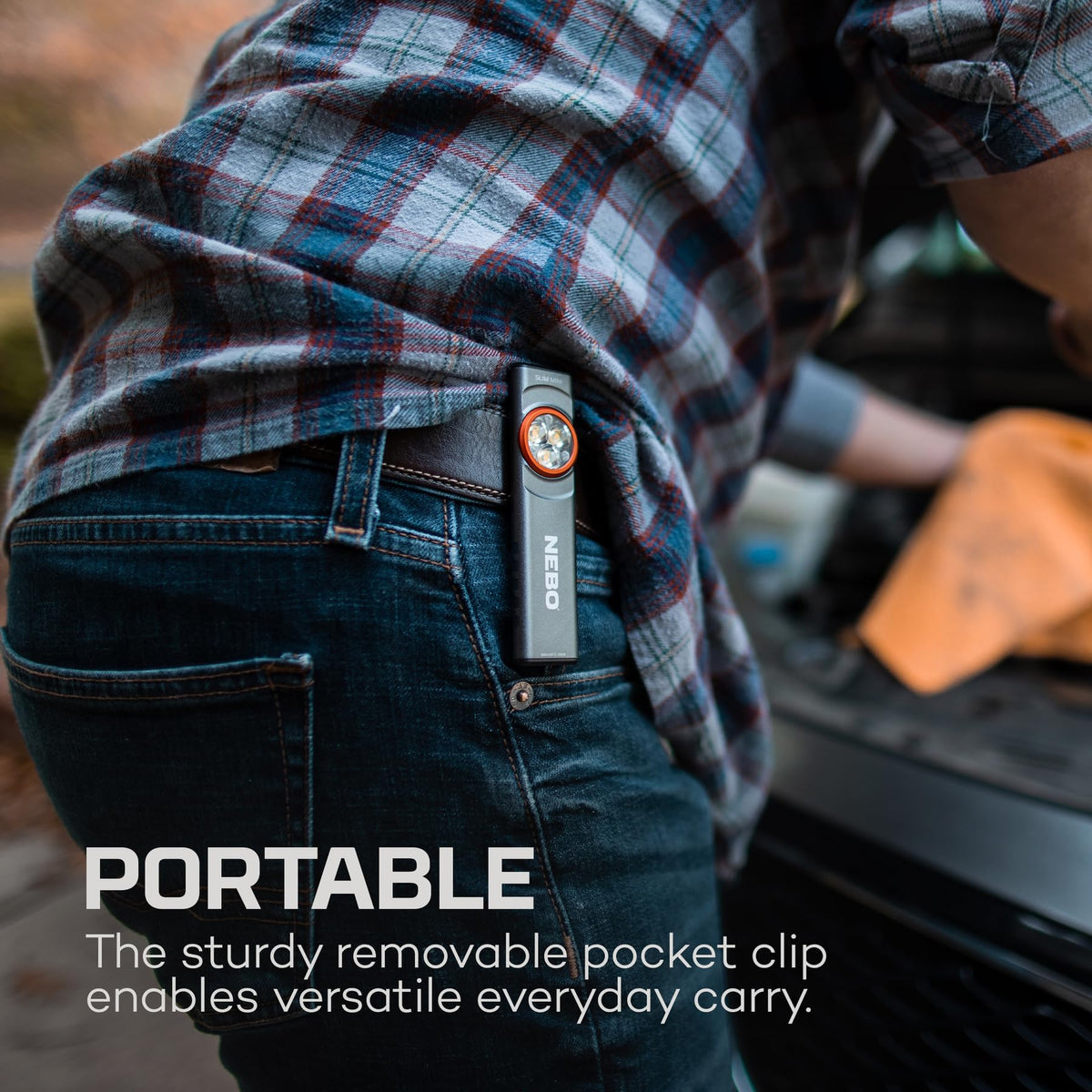 NEBO Slim Mini pocket clip design enables hands-free carry.