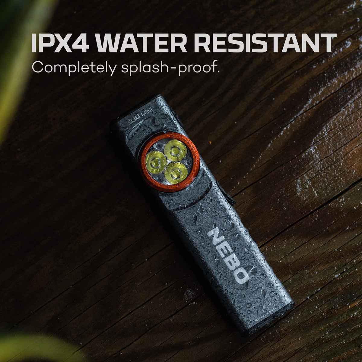 NEBO SLIM Mini IPX4-rated weather resistance for outdoor use.