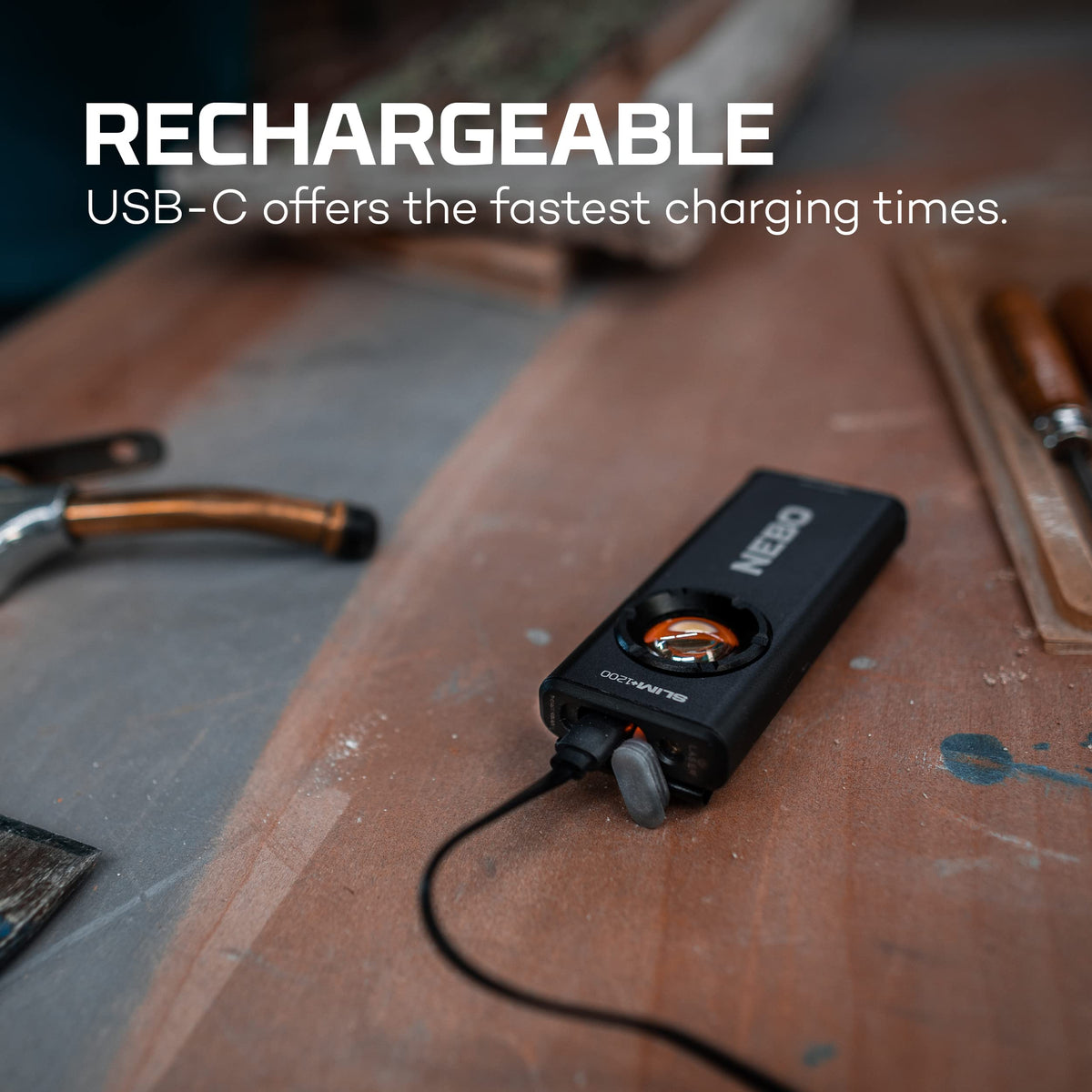 NEBO Slim+ 1200 pocket light, USB-C charging port for quick recharges.