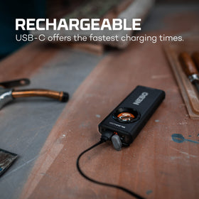 NEBO Slim+ 1200 pocket light, USB-C charging port for quick recharges.