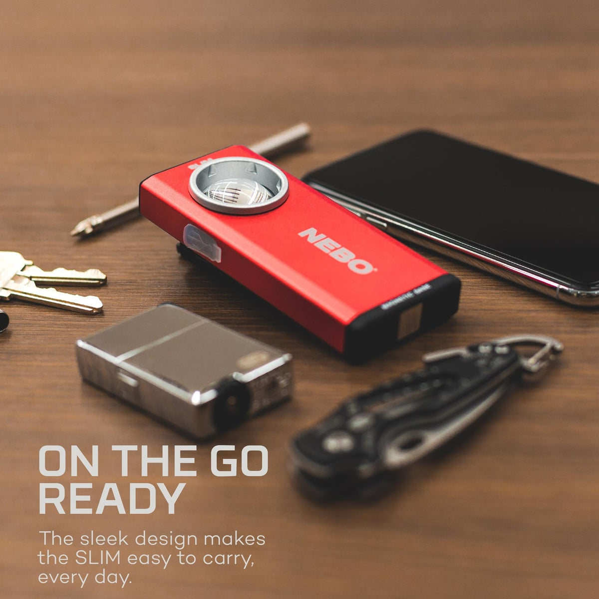 NEBO Slim Pocket Flashlight with collapsible hook for overhead use.