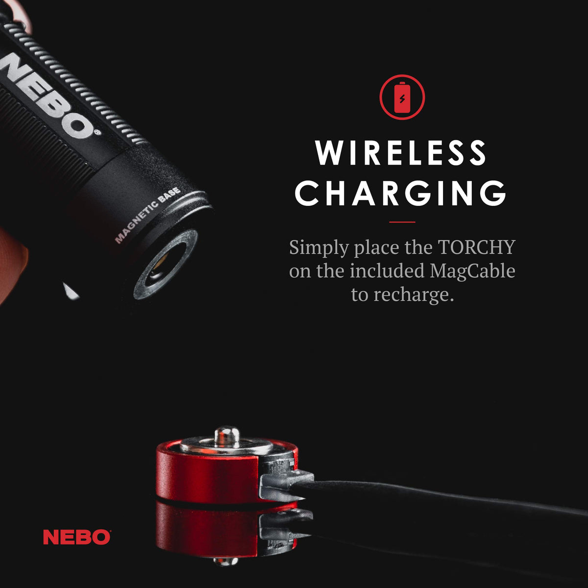 NEBO Torchy magnetic base shown on metal surface for hands-free use.