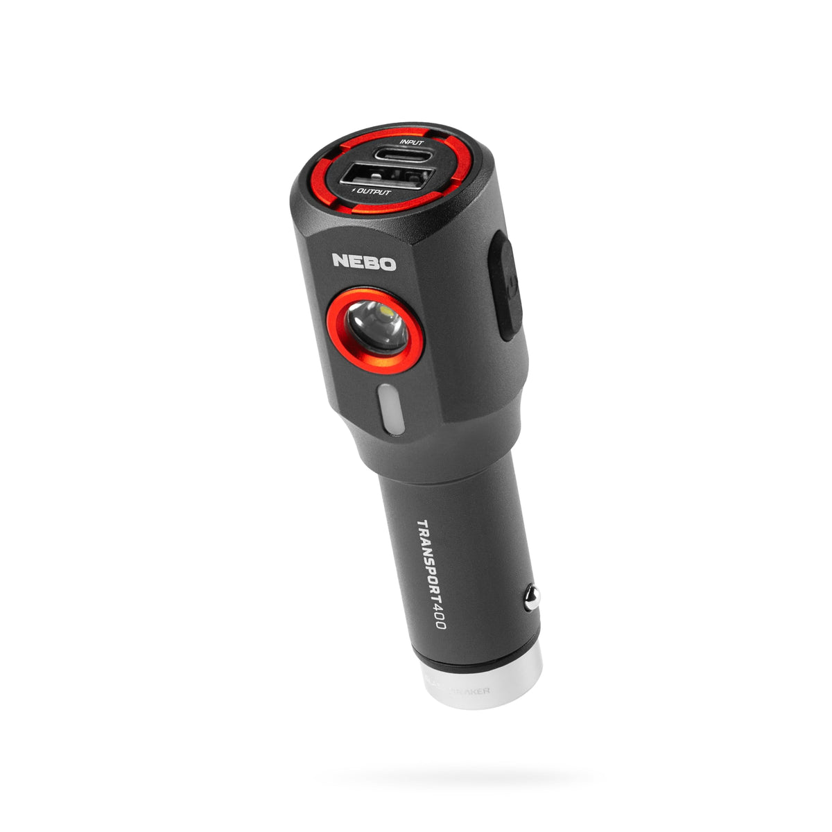 NEBO Transport 400 car charger flashlight dual-use for road trips and charging.