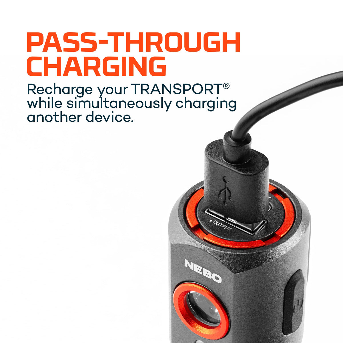 NEBO Transport 400 USB-C pass-through charging powers light and phone simultaneously.