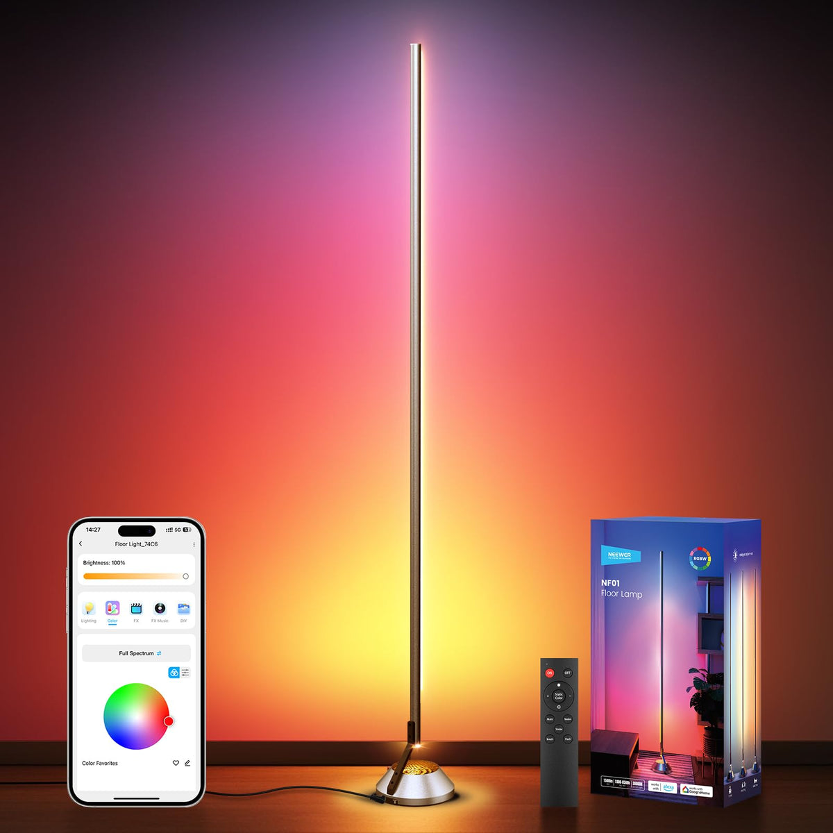 NEEWER NF01 floor lamp showing full color range for mood lighting