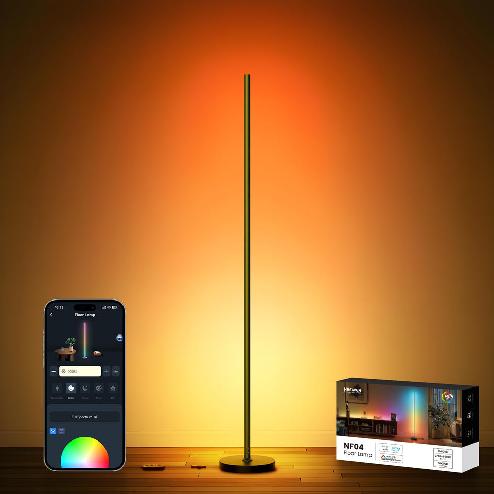 NEEWER NF04 smart LED floor lamp setup in a modern living room for versatile use