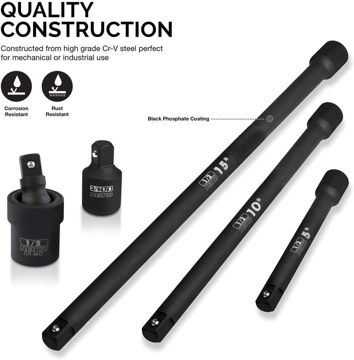Neiko 00256A ten-inch extension bar extends reach under dashboards and vehicles.