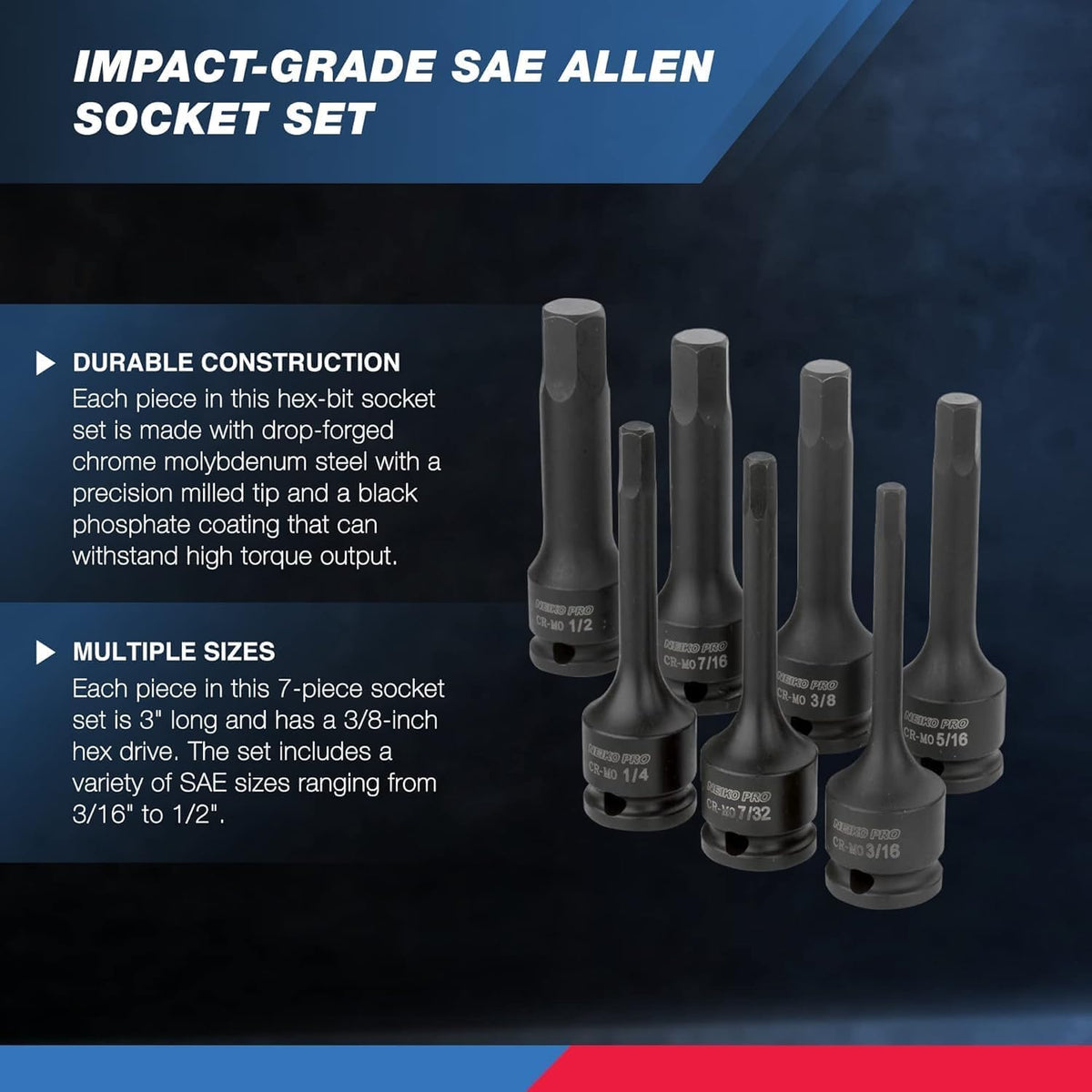 NEIKO 01131B SAE 3/16-inch hex socket with laser-etched sizing for quick ID