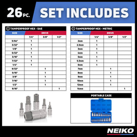 Neiko 01144A 26-piece set covers SAE and metric ranges for versatile repairs.