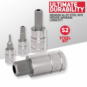 Neiko 01144A S2 alloy hex bits offer high hardness for torque tasks.