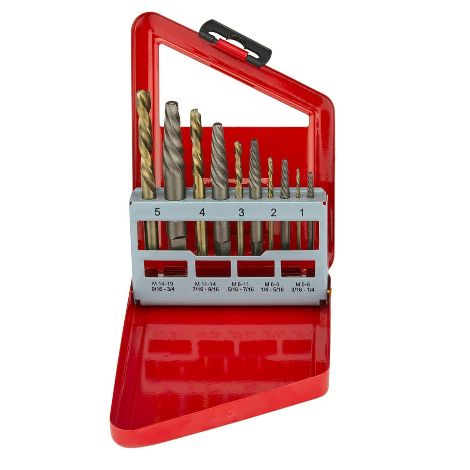 NEIKO 01925A screw extractor set in red case for quick fastener removal.