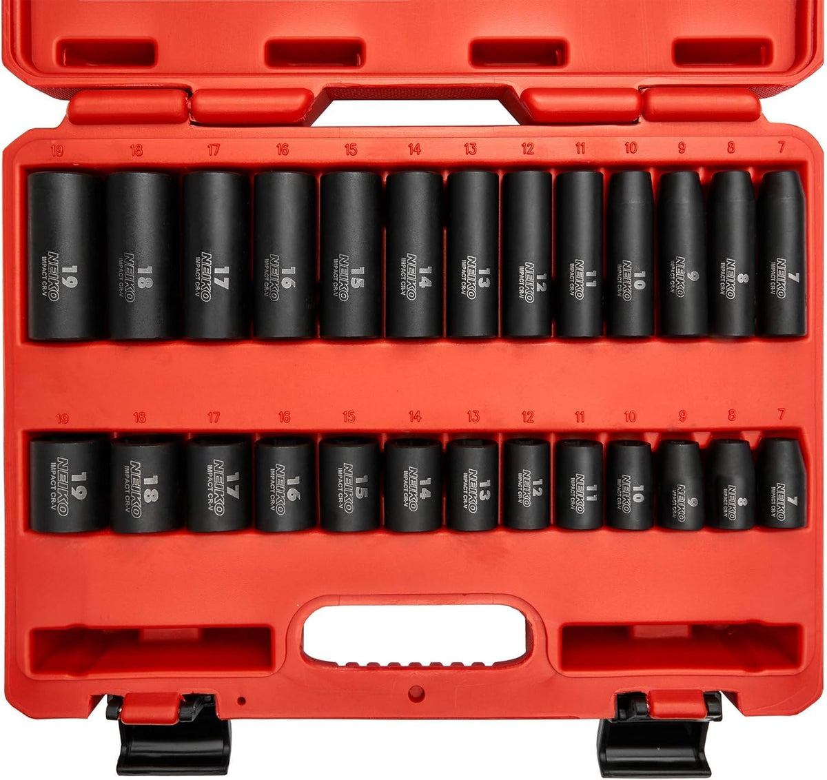 NEIKO 02433A blow-molded case keeps sockets organized and portable for quick garage setups.