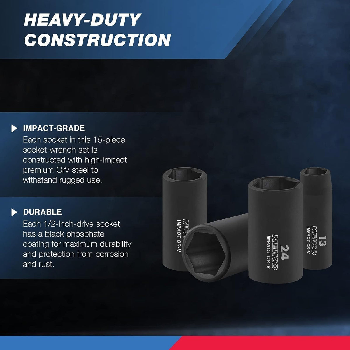 NEIKO 02474A deep-well sockets in 10-24 mm grip deep bolts securely.