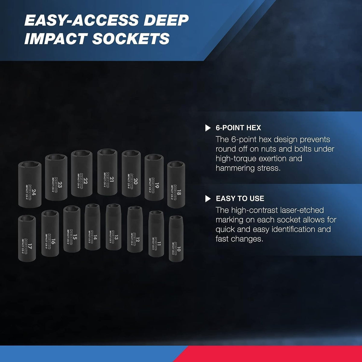 NEIKO 02474A six-point design minimizes rounding under high torque.