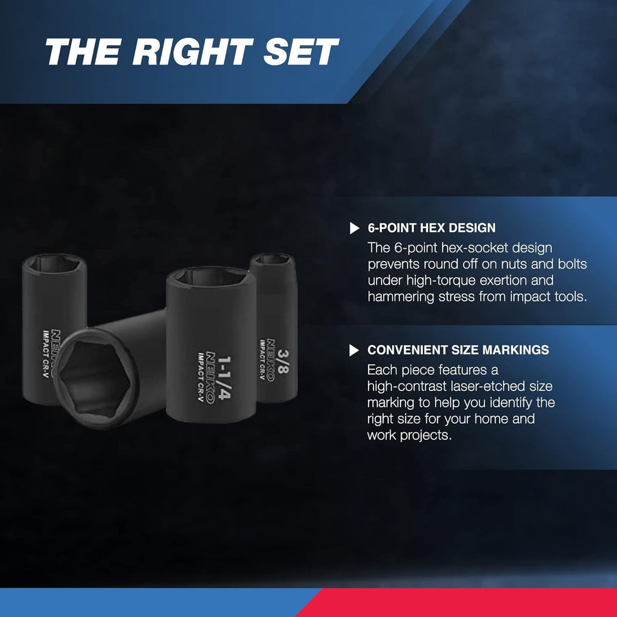 Cr-V steel sockets with black phosphate finish for durability