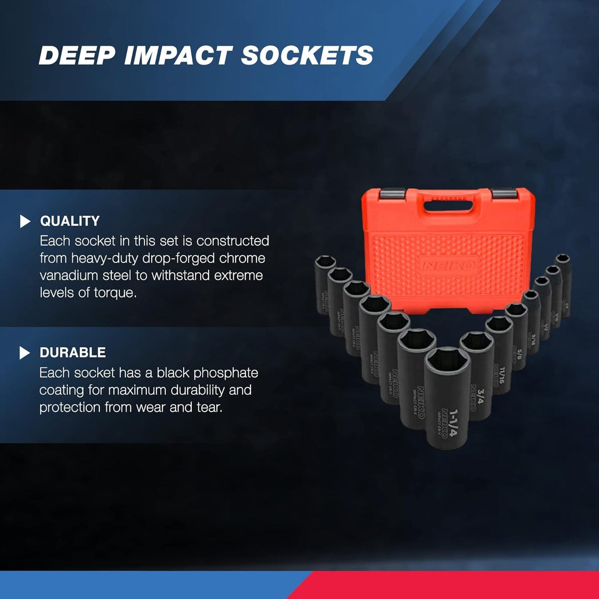 Six-point deep sockets gripping fasteners securely