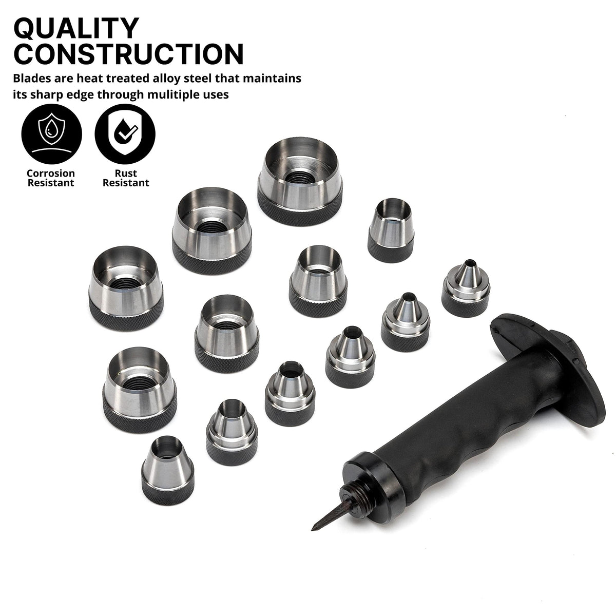 Interchangeable NEIKO 02604A punch heads allow quick diameter changes for varied materials.