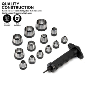 Interchangeable NEIKO 02604A punch heads allow quick diameter changes for varied materials.