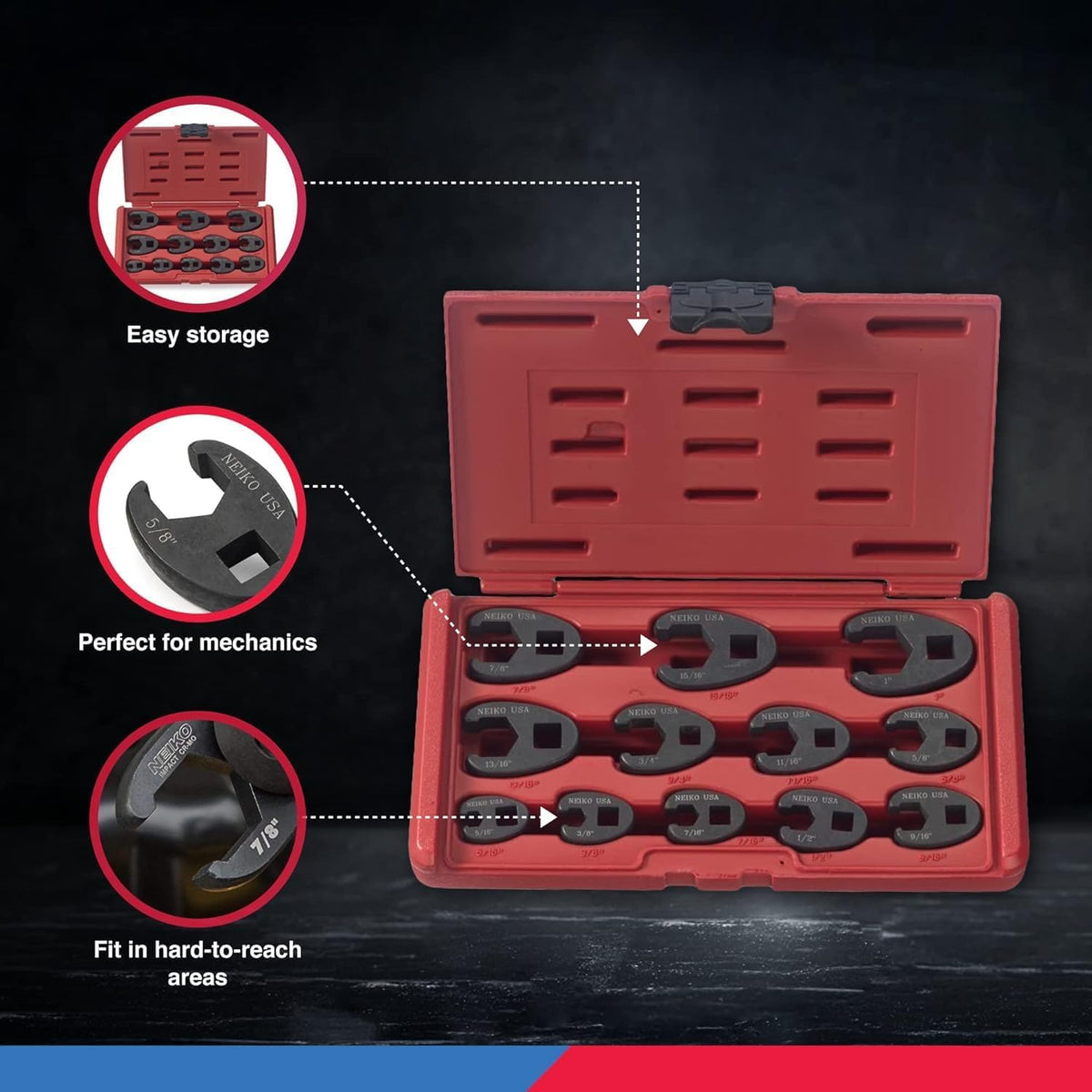 NEIKO 03323A crowfoot wrenches are heat-treated Cr-Mo for durable leverage.