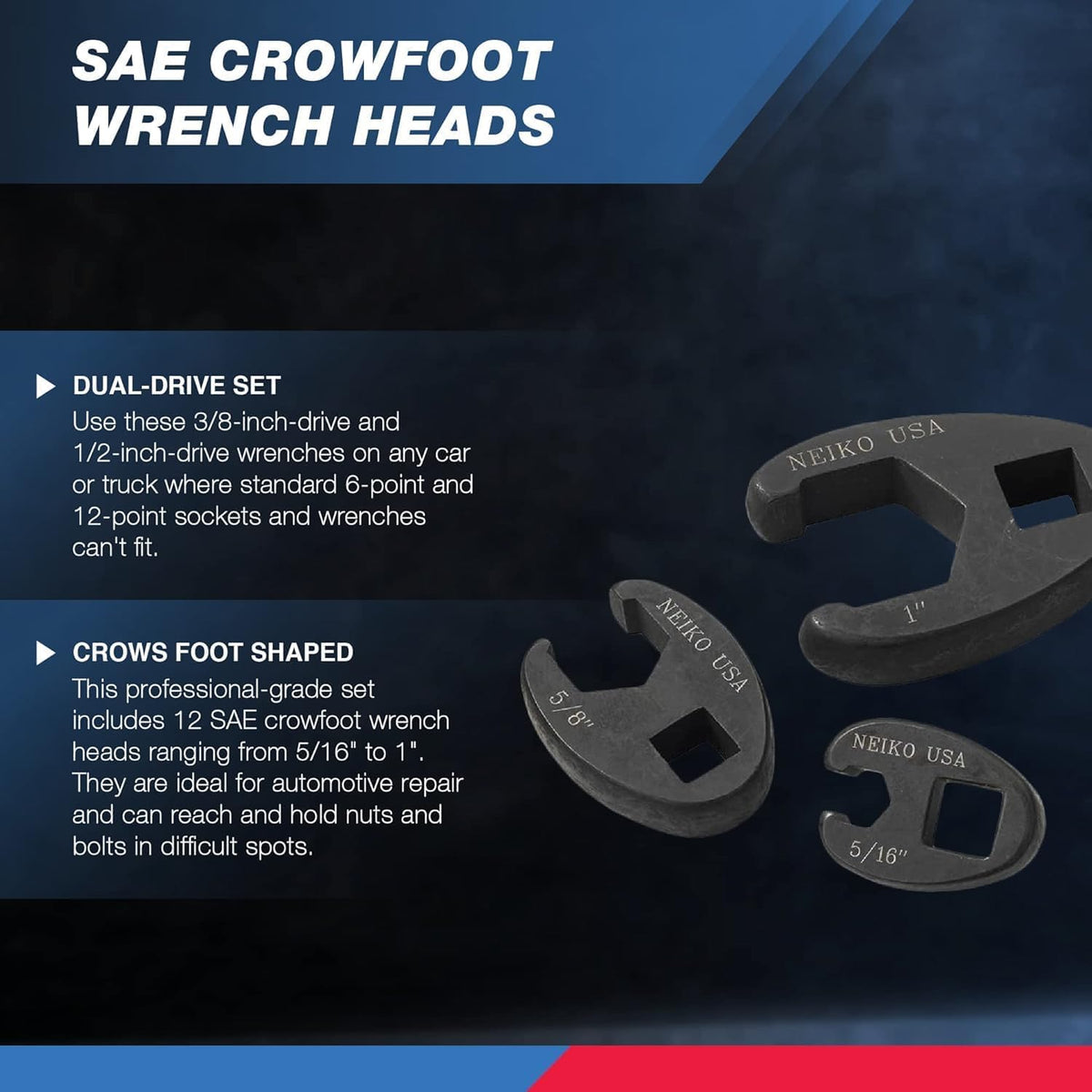 NEIKO 03323A crowfoot wrenches reach tight spots for efficient automotive repairs.