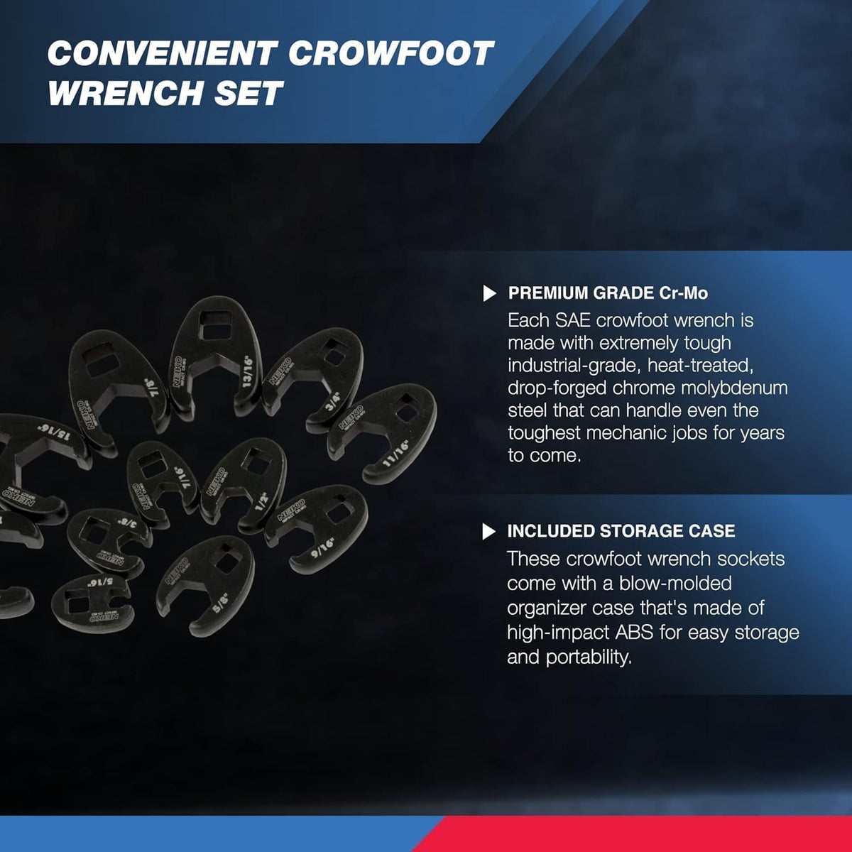 NEIKO 03323A crowfoot wrenches with dual drive fit 3/8in and 1/2in tools.