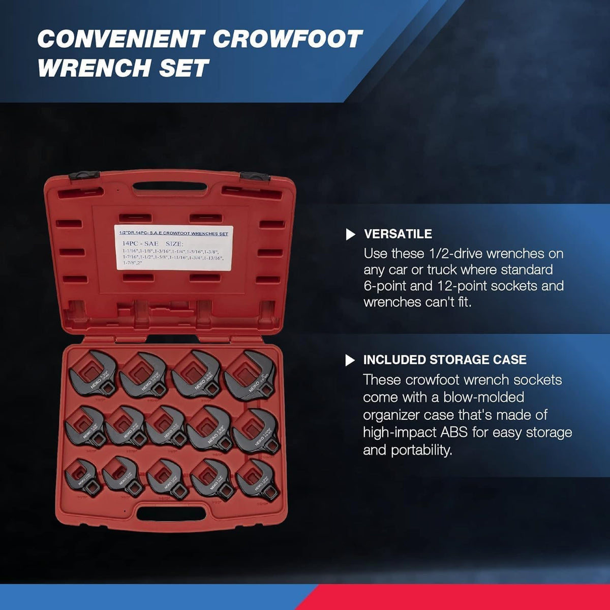 Close-up of chrome molybdenum steel crowfoot wrenches for durability