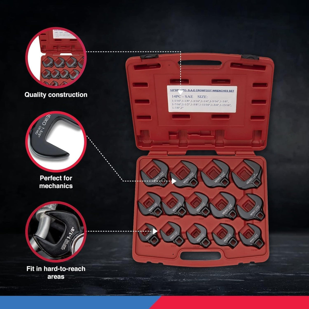 Wrenches stored in hard plastic case for easy transport