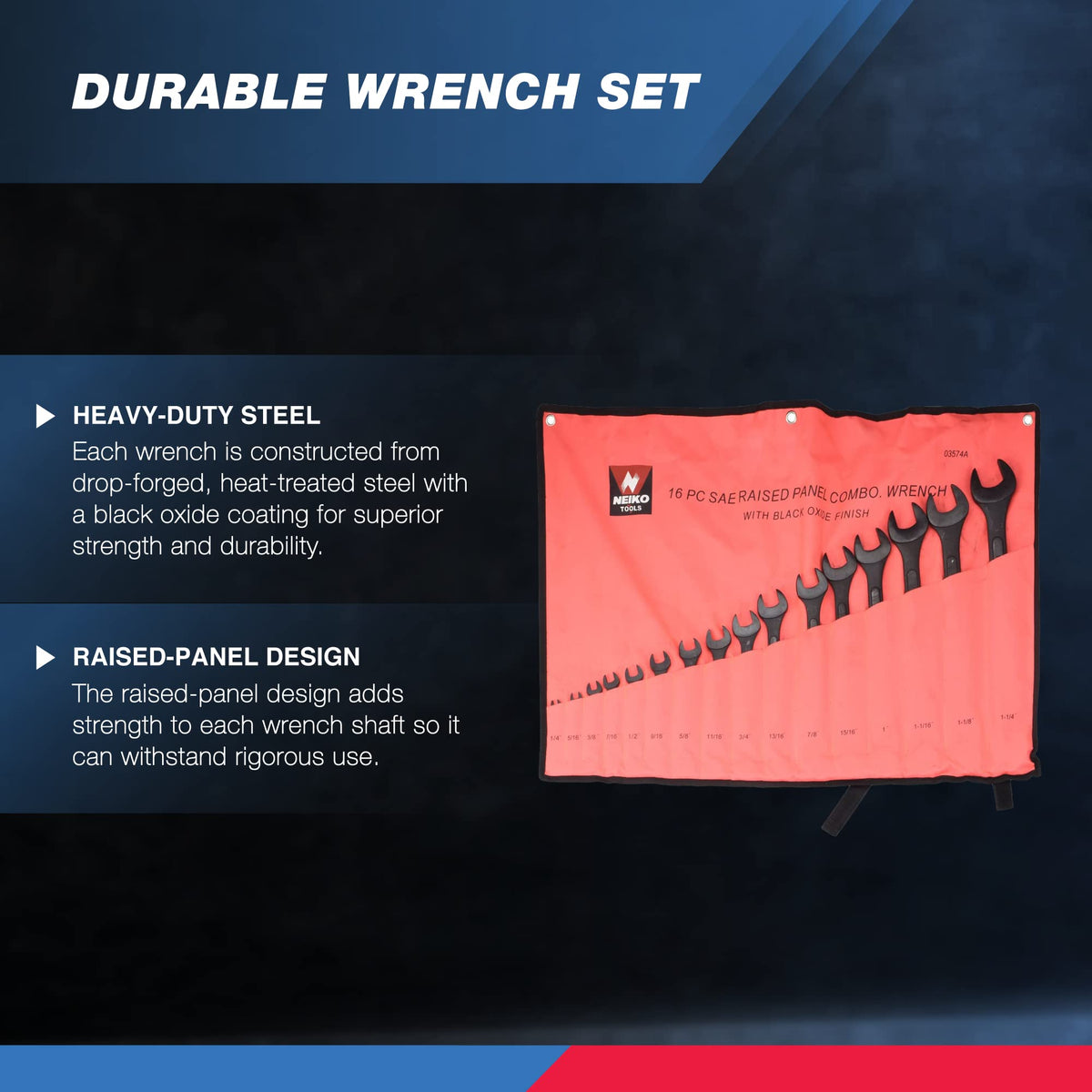 NEIKO 03574A jumbo wrench with offset open end highlighting angled fit for tight spaces.