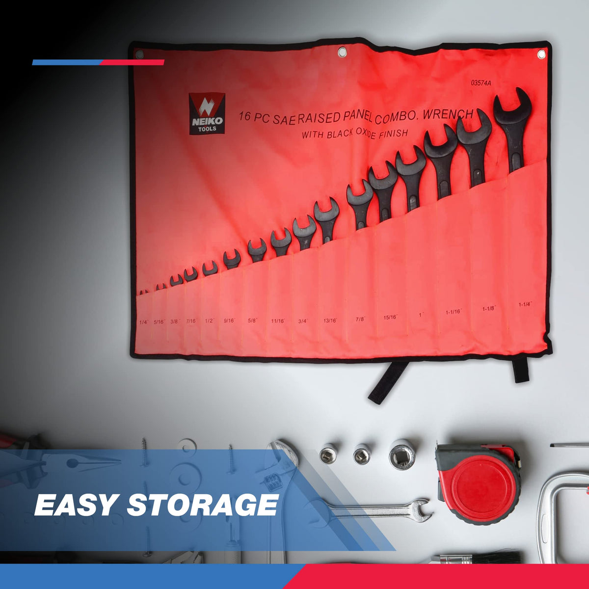 NEIKO 03574A jumbo wrench with labeled slots for easy organization.
