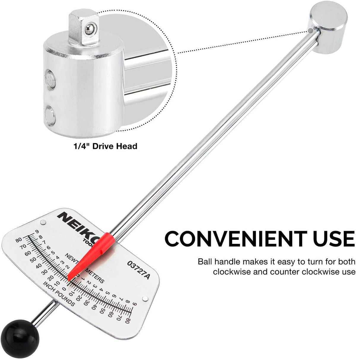 Ball-end handle on NEIKO 03727A torque wrench for secure grip during use.