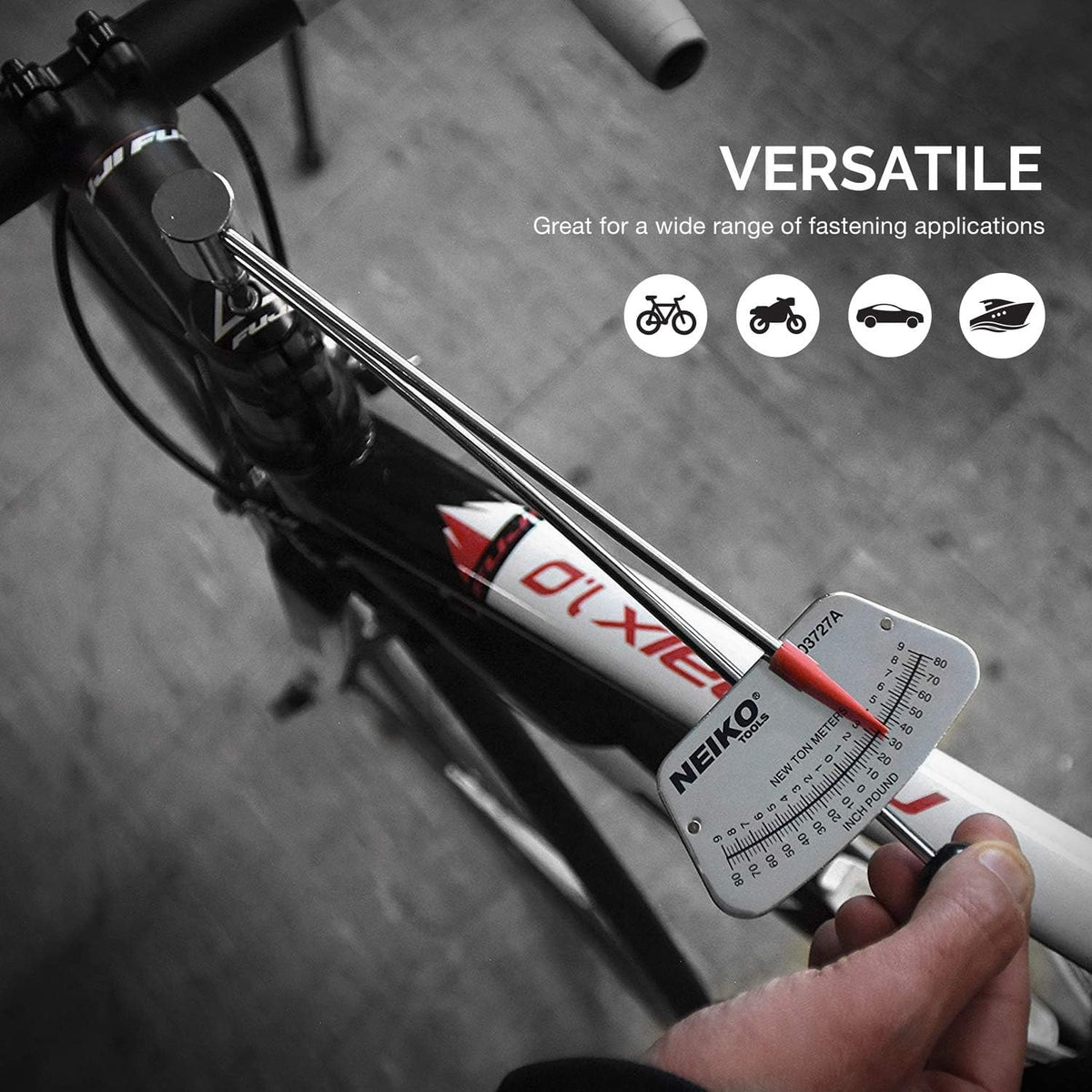 High-contrast markings on NEIKO 03727A torque wrench enable quick readouts.